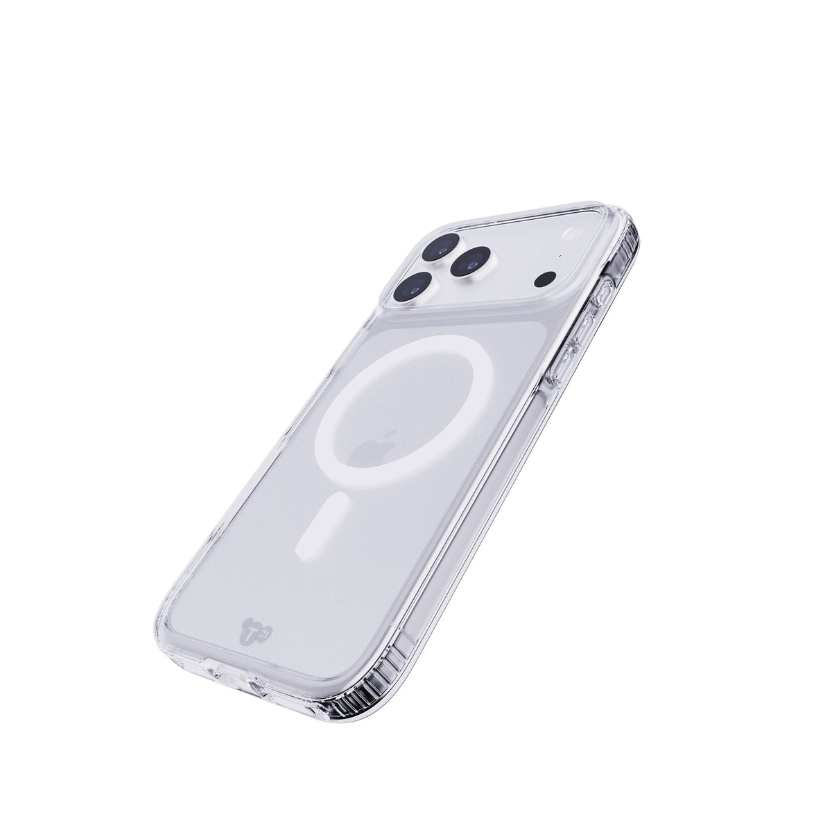 Tilted three-quarter tilted view of back of phone case with phone inside#color_clear